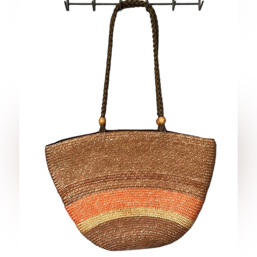 Boho Woven Straw Tote Bag Beach Shoulder Bag Brown Coral Orange Large Tote - Picture 2 of 5